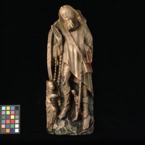 A.130-1946, alabaster statue of St. Roch - if you look very carefully there is a dog behind his left leg holding a loaf of bread © Victoria and Albert Museum, London