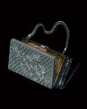 Metal minaudière decorated in faux pearls, 1956