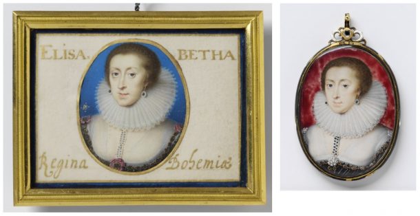  Two portrait miniatures of Elizabeth of Bohemia, watercolour on vellum, painted by Peter Oliver, ca. 1623-1626. V&A P.27-1975 & DYCE.88