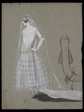 Sketch of a wedding dress and framed veil by Worth, London, c.1922 © V&A Collection