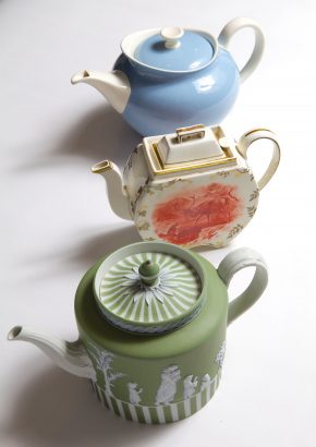 Barlaston shape teapot and cover in 'Summer Sky' pattern, 1955;