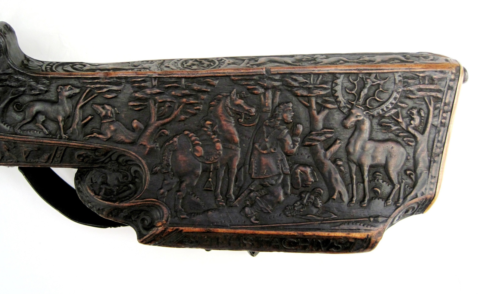 Detail of PL side of 7821-1861, wheel lock rifle, showing St. Eustace and the stag © Victoria and Albert Museum, London