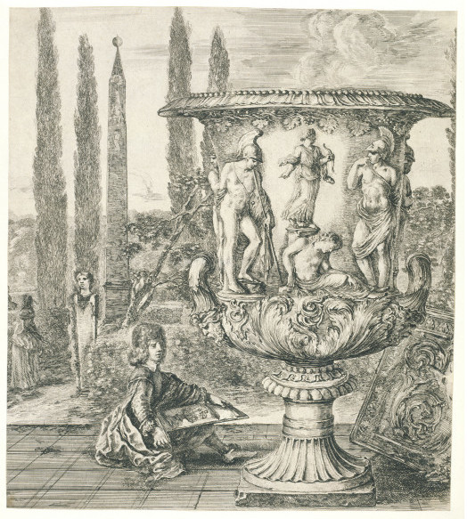 This 1656 print by Stefano Della Bella shows the vase in the gardens of the Villa being drawn by a boy thought to be the Medici heir who later became Grand Duke Cosimo III. V&A  E.1527A/528-1915