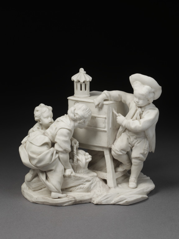 'La Lanterne Magique', figure group in biscuit porcelain of children with a peep- show, modelled by Étienne- Maurice Falconet (after a print  derived from a tapestry design by François Boucher), made by Sèvres porcelain  factory, Sèvres, ca. 1757. V&A 414:428-1885