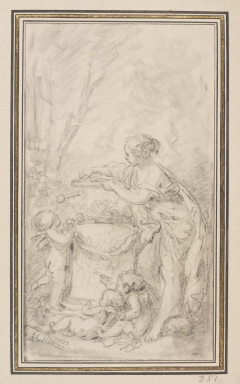 rawing, François Boucher, Young maiden with cupids,  crowning a heart on the altar of friendship, French  school, 1750s. V&A DYCE.595