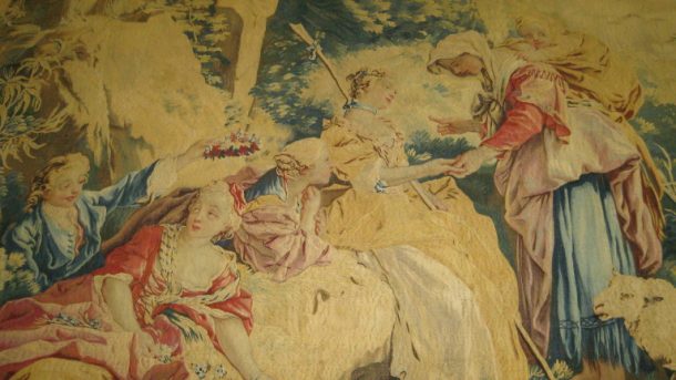 A snap-shot detail of 'La Bohémienne', a wool and silk tapestry made by the Beauvais Tapestry Factory to designs by François Boucher, 1738-1759. V&A T.216-1972