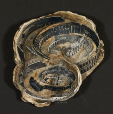 'Whirlpool', seashell with wood-engraved image of a structure like a Roman amphitheatre and Italian banknote, by Anne Desmet, UK, 2005. V&A E.562-2007