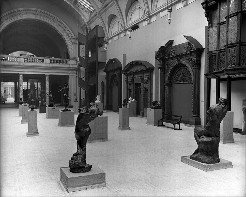 The Rodin Gift of sculptures as arranged by the sculptor in the West Hall (now the Porter Gallery), November 1914.