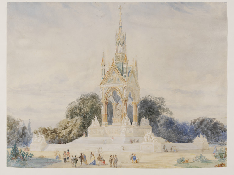 An original design for the Albert Memorial, possibly that submitted to Queen Victoria in January 1863, showing the monument in Kensington Gardens, with groups of spectators.  Watercolour  and gouache drawing, possibly by Sir George Gilbert Scott. Museum number E.2601-1962 ©Victoria and Albert Museum, London