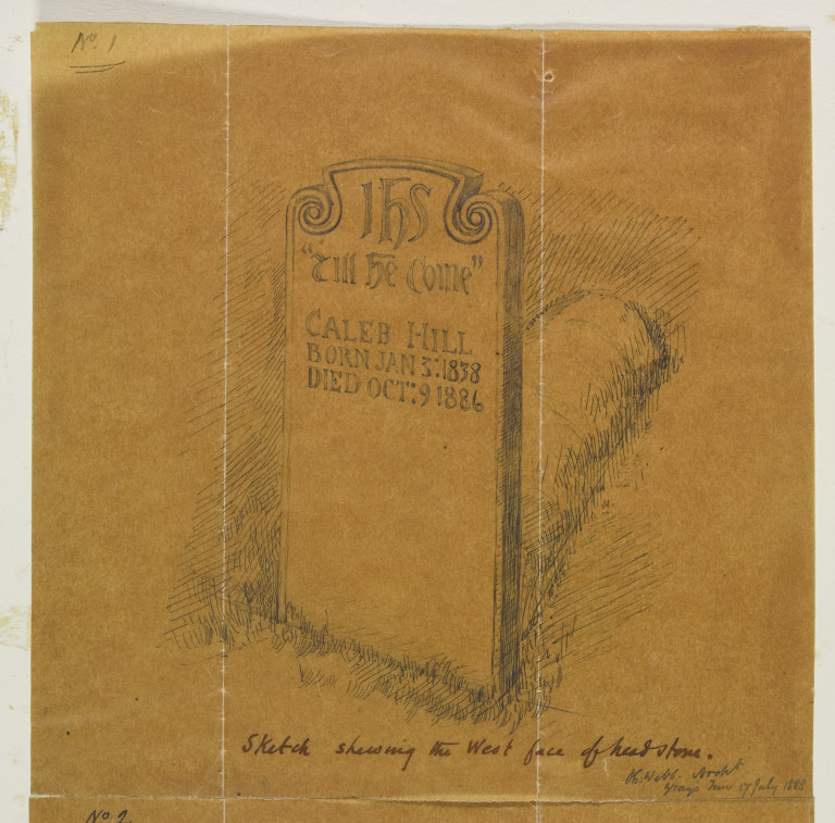 Design for a gravestone for Caleb Hill by Philip Webb, 1888