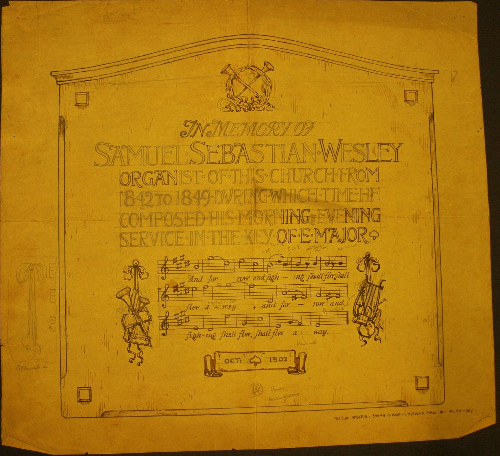 Design for a memorial tablet to Samuel Sebastian Wesley (1810-1876) for Leeds Parish Church, by Nelson Dawson. Museum number E.718-1976 ©Victoria and Albert Museum, London