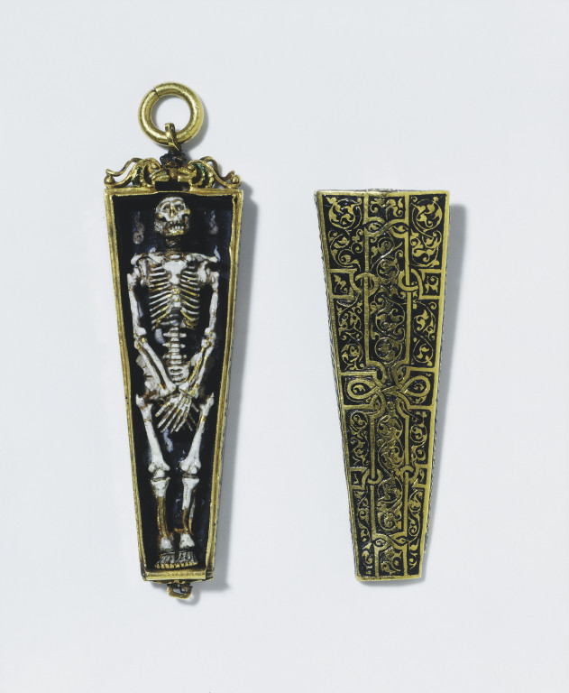 The Torre Abbey Jewel, memento mori pendant in the form of a skeleton in a coffin, enamelled gold, England, ca.1540-1550