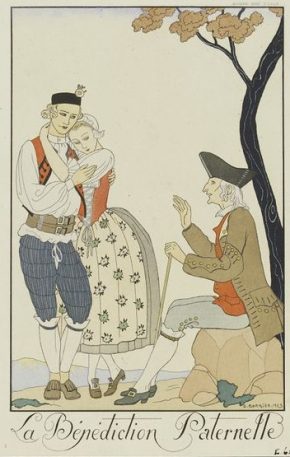 George Barbier. “La Bénediction Paternelle ," 1922. Colour process engraving published by Meynial, Paris. E.652-1954 