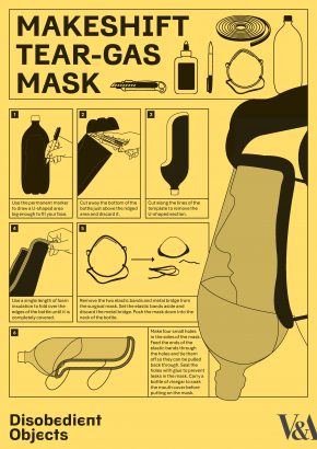 How to Guide: Makeshift Tear-Gas Mask. Illustrated by Marwan Kaabour, at Barnbrook