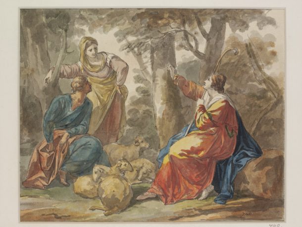 Kauffman, Angelica (RA); Angelica and Medoro (from Ludovico Ariosto's 'Orlando Furioso'); The Shepherdess, seated with a crook on her  shoulder, taking her lover's likeness on the bark of a tree; Watercolours; English School; 18th - early 19th century. V&A DYCE.740