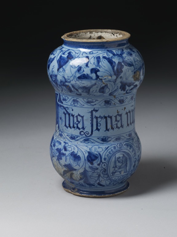Drug jar, tin-glazed earthenware, Italy, 1593. Museum no. 5402-1859 © Victoria and Albert Museum