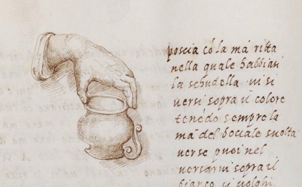 Cipriano Piccolpasso, ‘I tre libri dell'arte del vasaio’, detail showing a pot being glazed, c.1557, pen on paper. National Art Library, Victoria and Albert Museum, London, MSL/1861/7446[f.55]
