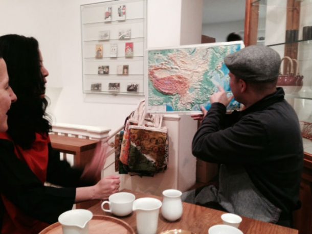 Tim D'Offay identifying regional tea producers during tea tasting visit at Postcard Teas