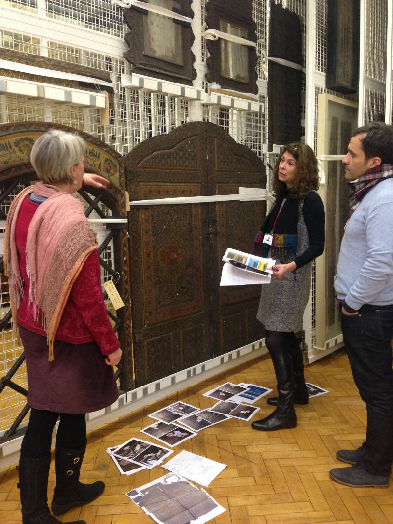 Anke Scharrahs discussing the panels with V&A conservators Victor Borges and Charlotte Hubbard ©Mariam Rosser-Owen