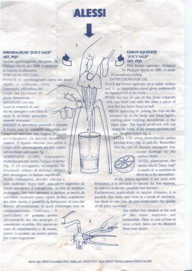 Instructions for the Alessi ‘Juicy Salif’ lemon squeezer (object designed 1988 by Philippe Starck) © Guy Julier / Alessi