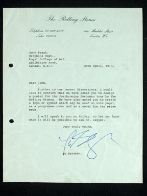 Letter from Jo Bergman of Rolling Stone management commissioning John Pasche to undertake work for a logo for their 1971 European Tour. Museum no.S.6122-2009 © Musidor BV