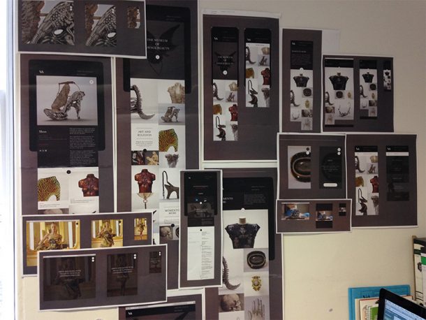 Concept images of Museum of Savage Beauty pinned to an office wall