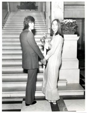 Jenny Copsey and her new husband on the steps of St Pancras Town Hall at their wedding in 1971