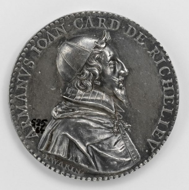 Silver medal depicting Cardinal Richelieu, by Jean Warin, French, dated 1631. V&A 525-1864 NB: This medal will also feature in The Cabinet