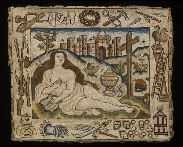 Embroidered picture of Mary Magdalene, English, 17th century. Museum no. T.57-2012 © Victoria and Albert Museum, London