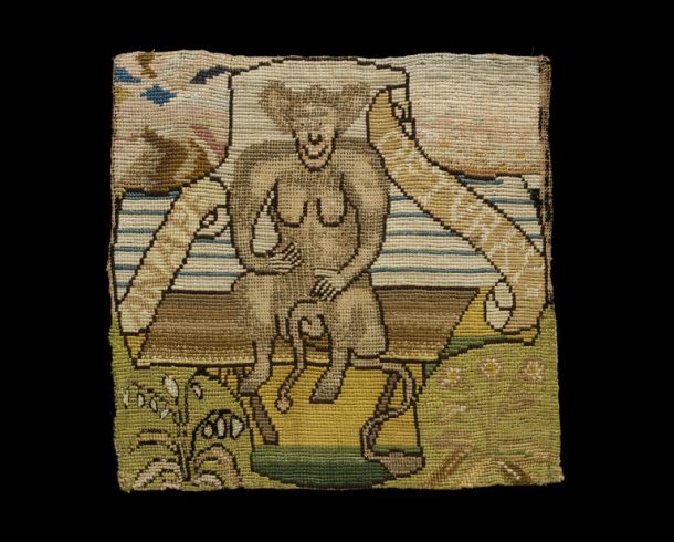 Embroidered panel showing ape-like animal from the Oxburgh Hangings, Elizabeth Talbot, Countess of Shrewsbury (possible maker) and Mary, Queen of Scots (possible maker), ca. 1570. Museum no. T.33DD-1955 © Victoria and Albert Museum, London