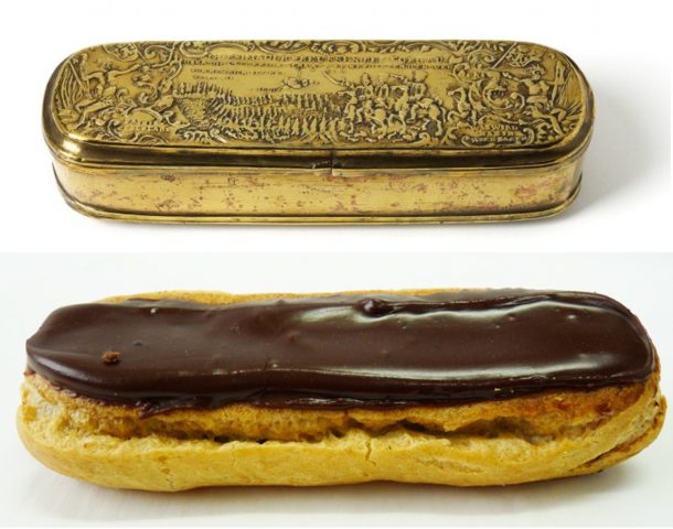 'The Eclair' - or more correctly, a brass tobacco box commemorating the Battle of Torgau (1760) and the entry of Frederick the Great into Breslau, 1760. V&A IS.289-1897
