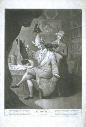 E.325-1959. Mezzotint print after John Dixon, 'The Old Beau in an Extasy', 1773. Not on display.