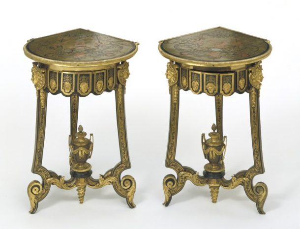 In 1701 André-Charles Boulle supplied furniture for the Versailles apartments of the Duchesse de Bourgogne, wife of Louis XIV’s grandson. The commission included tables very similar to these, but veneered with a turtle-shell ground rather than brass. 