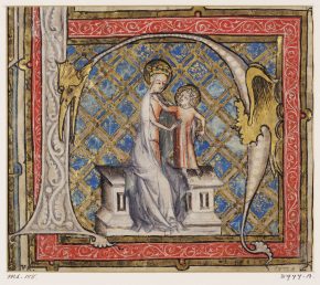 8977a, Initial H with the Virgin and Child on a bench on a trellis background in blue and gold. Netherland. Early 14th century, © V&A Museum. 