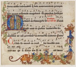 8999b, Cutting from an Antiphoner, initial M in blue on red background and burnished gold ground with foliated border and angle-bracket in form of a wounded dragon. Netherland. 15th century. © V&A Museum. 