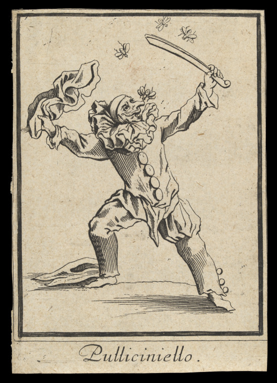 Pulliciniello, the Commedia dell’Arte servant, Engraving by Jacques Callot, about 1622. Museum no. S.5290-2009. © Victoria and Albert Museum, London