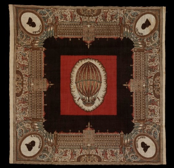 Handkerchief commemorating the first ascent of a hydrogen-filled balloon at the Tuileries, Paris, block-printed cotton, ca.1783. Museum no. 1872-1899 © Victoria and Albert Museum