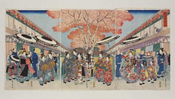 Japanese print by Shigenobu (Hiroshige II) depicting Nakano Street in the Yoshiwara district of Edo (Tokyo) during cherry blossom season.  