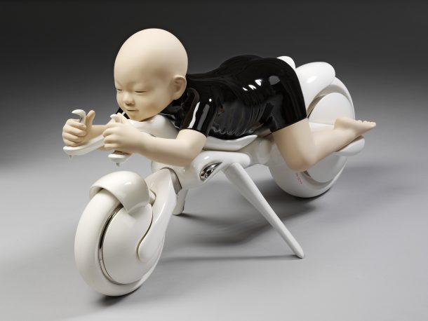 OO-IX; Sculpture, 'OO-IX' (boy on a motorcycle), slip-cast porcelain with glazes and platinum lustre, 2013, by Hayashi Shigeki 