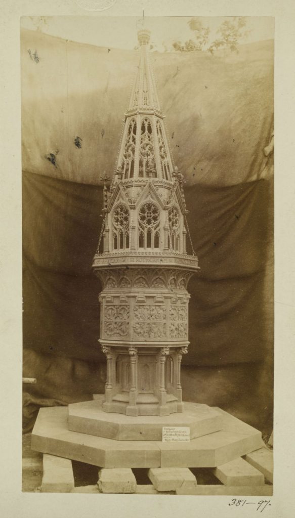 V&A: PH.381-1897. Photograph of a font cover for Rotherham Church made by Harry Hems