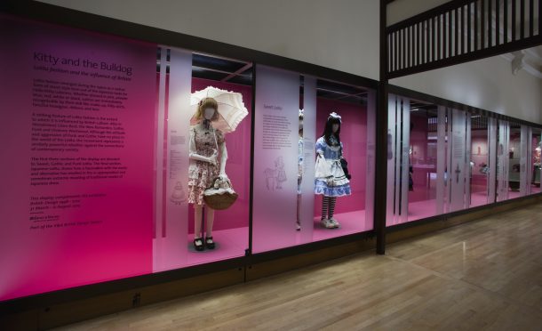 Installation of the V&A Exhibition Kitty & The Bulldog : Lolita Fashion & The Influence of Britain; 23rd April 2012 – 27th January 2013, Toshiba Gallery; 