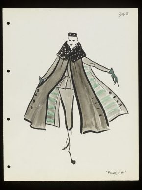 'Poursuite'. Design for a skirt suit and coat by Lou Claverie for Paquin, Paris, mid-1950.