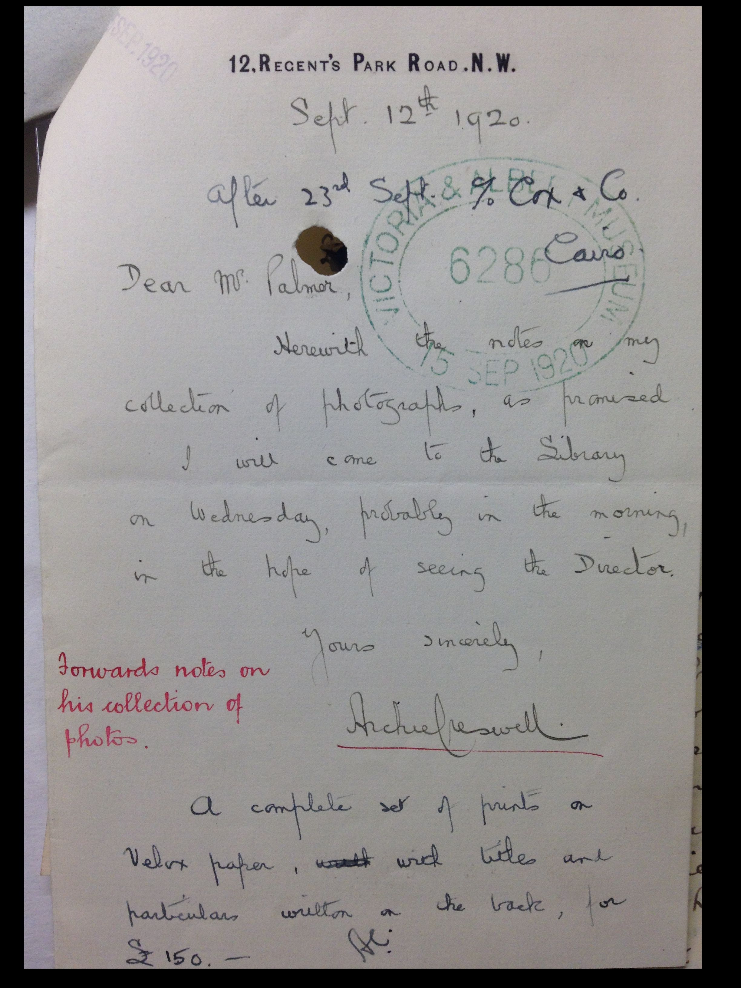 Letter from K.A.C. Creswell to G.H. Palmer, Keeper of the National Art Library, 12 September 1920, AAD MA/1/C3193