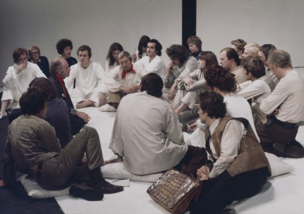 The cast of Peter Brook's production of A Midsummer Night's Dream in rehearsal 