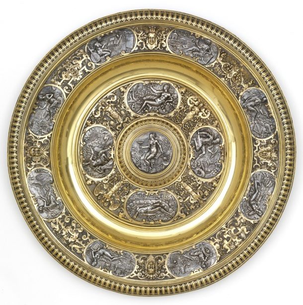 Temperantia Basin, electrotype (electroformed copper coated with oxydised silver and partly gilded), Elkington and Co., Birmingham, 1852. Mus. No. REPRO.1852-6