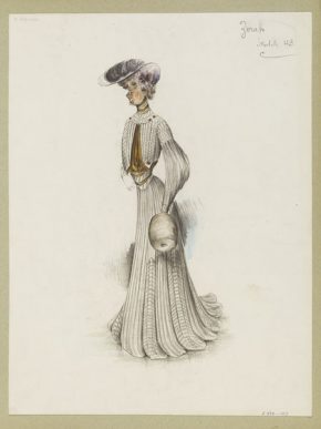 'Zorab.' Design for a striped walking dress by Paquin, Winter 1902.