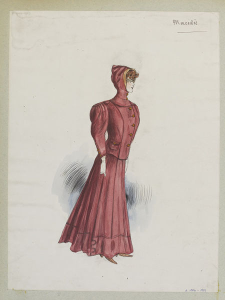 'Mercédès'. Old-rose coloured sports ensemble, the jacket with a hood. Possibly for skiing or winter sports. Designed by Jeanne Paquin for Summer 1905.