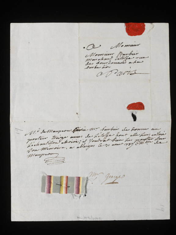 38041800167801 Letter from a series of Letters & Orders addressed to M. Barbier - Marchand de soie de la famille Royale & to his partner Tétard; French (Paris); c.1755 - c.95. National Art Library