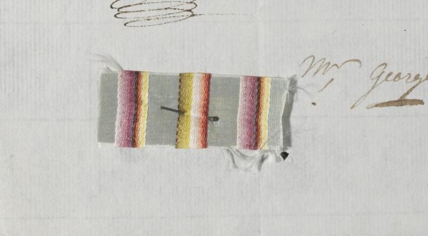 a silk swatch has been pinned to the letter to show what the client wanted. Striped silk designs were particularly popular in the late 18th century.