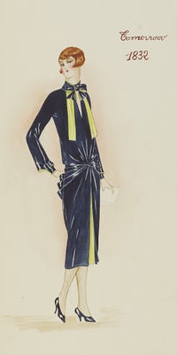 'Tomorrow.' Design for a blue and lime green satin dress by Madeleine Wallis for Paquin, Winter 1925-26.